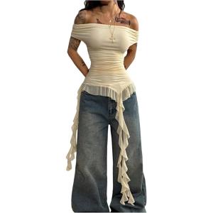 imageSOLY HUX Womens Off The Shoulder T Shirt Cap Sleeve Ruffle Asymmetrical Hem Ruched Tee Y2k Summer TopsPure Apricot