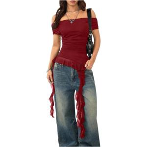 imageSOLY HUX Womens Off The Shoulder T Shirt Cap Sleeve Ruffle Asymmetrical Hem Ruched Tee Y2k Summer TopsPure Burgundy