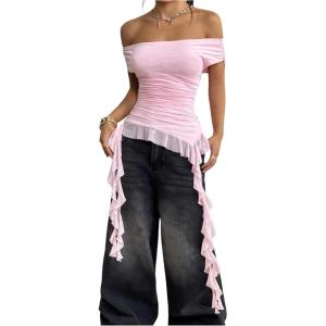 imageSOLY HUX Womens Off The Shoulder T Shirt Cap Sleeve Ruffle Asymmetrical Hem Ruched Tee Y2k Summer TopsPure Light Pink