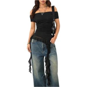 imageSOLY HUX Womens Off The Shoulder T Shirt Cap Sleeve Ruffle Asymmetrical Hem Ruched Tee Y2k Summer TopsSolid Black