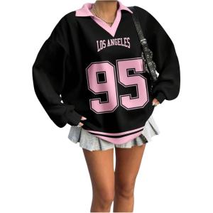 imageSOLY HUX Womens Oversized Tees Striped Letter Print Y2k Jersey T Shirt Collar V Neck Long Sleeve Loose TopsBlack Number