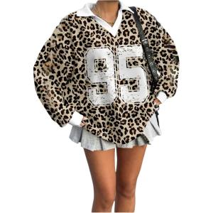 imageSOLY HUX Womens Oversized Tees Striped Letter Print Y2k Jersey T Shirt Collar V Neck Long Sleeve Loose TopsMulticoloured Leopard