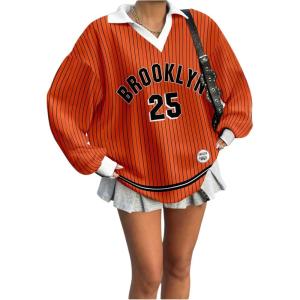 imageSOLY HUX Womens Oversized Tees Striped Letter Print Y2k Jersey T Shirt Collar V Neck Long Sleeve Loose TopsOrange Striped