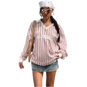 imageSOLY HUX Womens Oversized Tees Striped Letter Print Y2k Jersey T Shirt Collar V Neck Long Sleeve Loose TopsPink Striped
