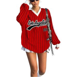 imageSOLY HUX Womens Oversized Tees Striped Letter Print Y2k Jersey T Shirt Collar V Neck Long Sleeve Loose TopsRed Letter