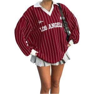 imageSOLY HUX Womens Oversized Tees Striped Letter Print Y2k Jersey T Shirt Collar V Neck Long Sleeve Loose TopsRed Striped