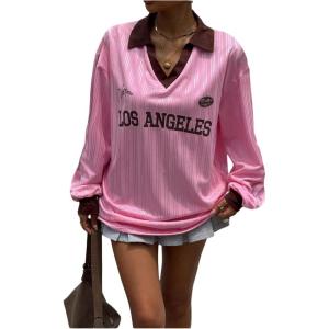 imageSOLY HUX Womens Oversized Tees Striped Letter Print Y2k Jersey T Shirt Collar V Neck Long Sleeve Loose TopsWatermelon Pink Letter