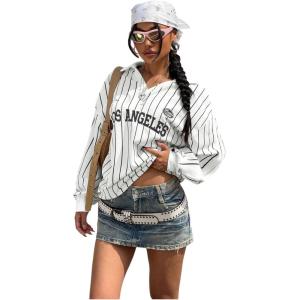 imageSOLY HUX Womens Oversized Tees Striped Letter Print Y2k Jersey T Shirt Collar V Neck Long Sleeve Loose TopsWhite Striped