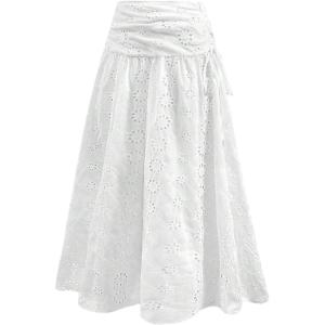 imageSOLY HUX Womens Summer Boho Skirt Eyelet Embroidery Bow Tie High Waisted A Line Flowy Vacation Long SkirtsPlain White