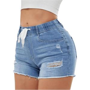 imageSOLY HUX Womens Distressed Jeans Shorts Elastic Drawstring Waist Ripped Skinny Casual Denim Shorts Plain Blue Large