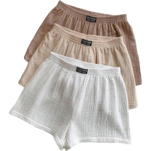 imageSOLY HUX Womens Summer Shorts 3 Packs Elastic Waist Wide Leg Casual Cotton Shorts SetsBeige White Multi