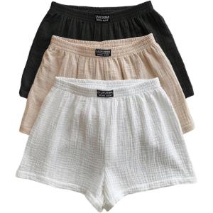 imageSOLY HUX Womens Summer Shorts 3 Packs Elastic Waist Wide Leg Casual Cotton Shorts SetsBlack Khaki White
