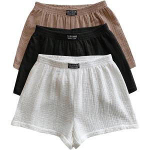 imageSOLY HUX Womens Summer Shorts 3 Packs Elastic Waist Wide Leg Casual Cotton Shorts SetsKhaki Black White