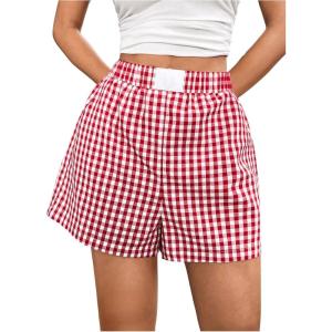 imageSOLY HUX Womens Y2k Plaid Baggy Boxer Shorts for Women Elastic Waist Casual Lounge Bottoms Gingham PajamaRed and White