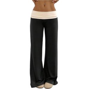 imageSOLY HUX Womens Sweatpants Color Block Low Rise Fold Over Waist Baggy Wide Leg PantsBlack and Beige