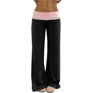 imageSOLY HUX Womens Sweatpants Color Block Low Rise Fold Over Waist Baggy Wide Leg PantsBlack and Pink