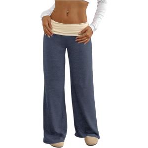 imageSOLY HUX Womens Sweatpants Color Block Low Rise Fold Over Waist Baggy Wide Leg PantsBlue and Beige