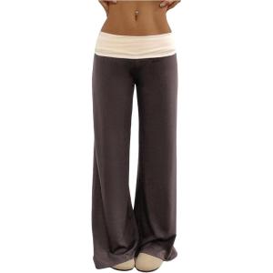 imageSOLY HUX Womens Sweatpants Color Block Low Rise Fold Over Waist Baggy Wide Leg PantsBrown and Beige