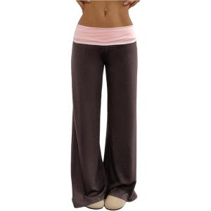 imageSOLY HUX Womens Sweatpants Color Block Low Rise Fold Over Waist Baggy Wide Leg PantsBrown and Pink