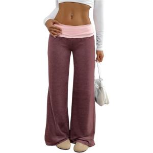 imageSOLY HUX Womens Sweatpants Color Block Low Rise Fold Over Waist Baggy Wide Leg PantsBurgundy Colorblock