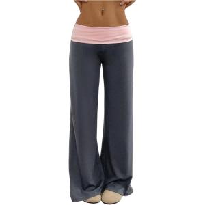 imageSOLY HUX Womens Sweatpants Color Block Low Rise Fold Over Waist Baggy Wide Leg PantsDark Grey and Pink