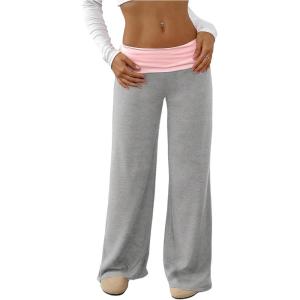 imageSOLY HUX Womens Sweatpants Color Block Low Rise Fold Over Waist Baggy Wide Leg PantsLight Grey and Pink