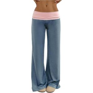imageSOLY HUX Womens Sweatpants Color Block Low Rise Fold Over Waist Baggy Wide Leg PantsTeal Blue Colorblock