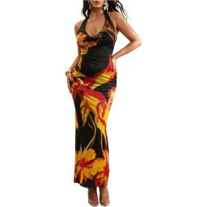 imageSOLY HUX Womens Floral Halter Maxi Dress Draped Cowl Neck Backless Bodycon Wedding Guest Party Mesh Cocktail Long DressesBlack Floral Print