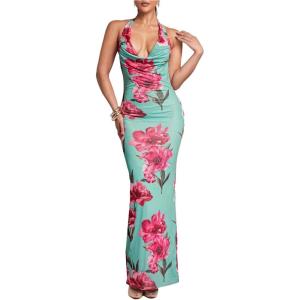 imageSOLY HUX Womens Floral Halter Maxi Dress Draped Cowl Neck Backless Bodycon Wedding Guest Party Mesh Cocktail Long DressesGreen Floral