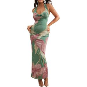 imageSOLY HUX Womens Floral Halter Maxi Dress Draped Cowl Neck Backless Bodycon Wedding Guest Party Mesh Cocktail Long DressesGreen Floral Print