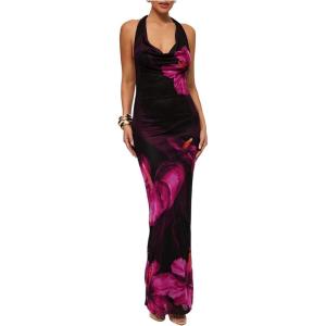 imageSOLY HUX Womens Floral Halter Maxi Dress Draped Cowl Neck Backless Bodycon Wedding Guest Party Mesh Cocktail Long DressesHotpink Floral