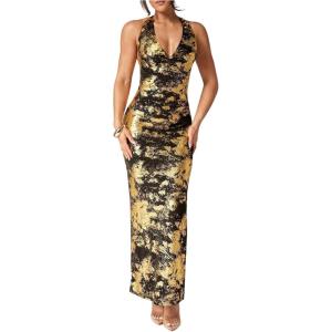imageSOLY HUX Womens Floral Halter Maxi Dress Draped Cowl Neck Backless Bodycon Wedding Guest Party Mesh Cocktail Long DressesMulticoloured