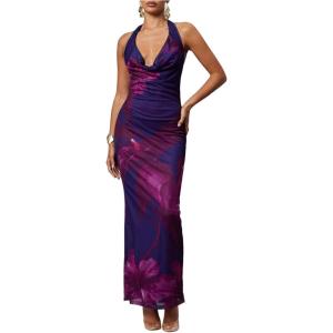 imageSOLY HUX Womens Floral Halter Maxi Dress Draped Cowl Neck Backless Bodycon Wedding Guest Party Mesh Cocktail Long DressesPurple Floral