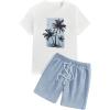 imageSOLY HUX Mens Summer Tracksuit 2 Piece Beach Outfit Tropical Print Tee and Shorts SetDusty Blue and White