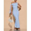 imageSOLY HUX Womens Off The Shoudler Bodycon Maxi Dress Asymmetrical Neck Bow Tie Cocktail Party Long DressesLight Blue