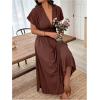 imageSOLY HUX Womens Plus Size Deep V Neck Maxi Dress Short Sleeve Split Hem Flowy Summer DressesPlain Rust Brown
