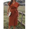 imageSOLY HUX Womens Plus Size Wrap V Neck Knot Side Midi Dress Short Sleeve Flowy Party DressesRust Brown