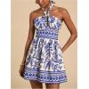imageSOLY HUX Womens Sundress Tropical Print Halter Dress Tie Backless Sleeveless A Line Short Summer DressesBlue Leaf