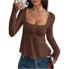 imageSOLY HUX Womens Babydoll Tops Long Sleeve Henley Shirts Cute Square Neck Coquette Peplum TopSolid Brown