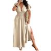 imageSOLY HUX Womens Plus Size Deep V Neck Maxi Dress Short Sleeve Split Hem Flowy Summer DressesPlain Apricot