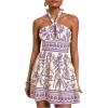 imageSOLY HUX Womens Sundress Tropical Print Halter Dress Tie Backless Sleeveless A Line Short Summer DressesMauve Purple Leaf