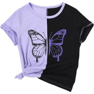 imageSOLY HUX Girls Color Block Butterfly Print Tee Short Sleeve Summer T Shirt TopsPurple and Black