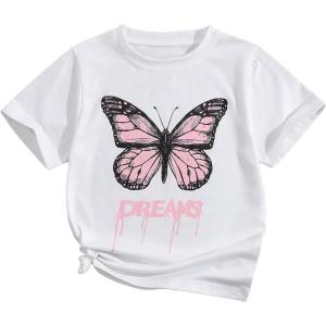 imageSOLY HUX Girls Color Block Butterfly Print Tee Short Sleeve Summer T Shirt TopsWhite Letter