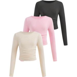 imageSOLY HUX Girls Long Sleeve T Shirts 3 Packs Crewneck Fall Tees Ruched Fitted Tee Shirt TopsDark Grey Pink Apricot