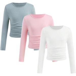 imageSOLY HUX Girls Long Sleeve T Shirts 3 Packs Crewneck Fall Tees Ruched Fitted Tee Shirt TopsWhite Pink Grey