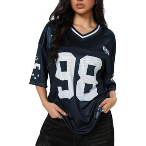 imageSOLY HUX Jersey Shirts for Women Y2k Graphic Number Oversized Tees V Neck Half Sleeve Cute Soccer Streetwear T Shirt TopsDark Blue Letter Print