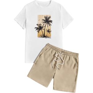 imageSOLY HUX Mens Summer Tracksuit 2 Piece Beach Outfit Tropical Print Tee and Shorts SetBeige and White