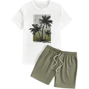 imageSOLY HUX Mens Summer Tracksuit 2 Piece Beach Outfit Tropical Print Tee and Shorts SetGreen and White