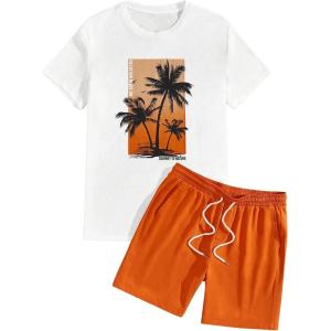 imageSOLY HUX Mens Summer Tracksuit 2 Piece Beach Outfit Tropical Print Tee and Shorts SetWhite and Orange