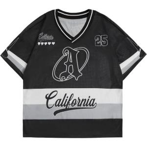 imageSOLY HUX Mens Y2k Jersey Shirts Mesh Letter Graphic Tees V Neck Short Sleeve T Shirt Loose TopsBlack Letter